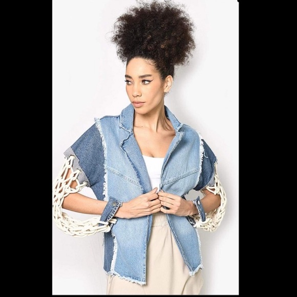 New NEW Blue denim macrame sleeve jean jacket size S - Picture 6 of 7